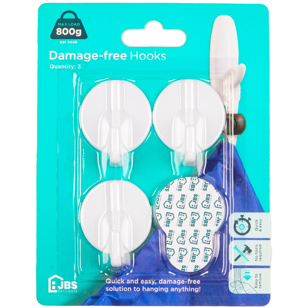 JBS Hardware Round White Damage Free Hook 800g Capacity 3 Pack Image