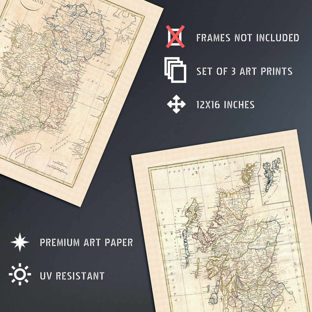 Artery8 Vintage British Isles England Wales Scotland Ireland Maps Wall Art Print 30 x 41cm 3 Pack Image 4