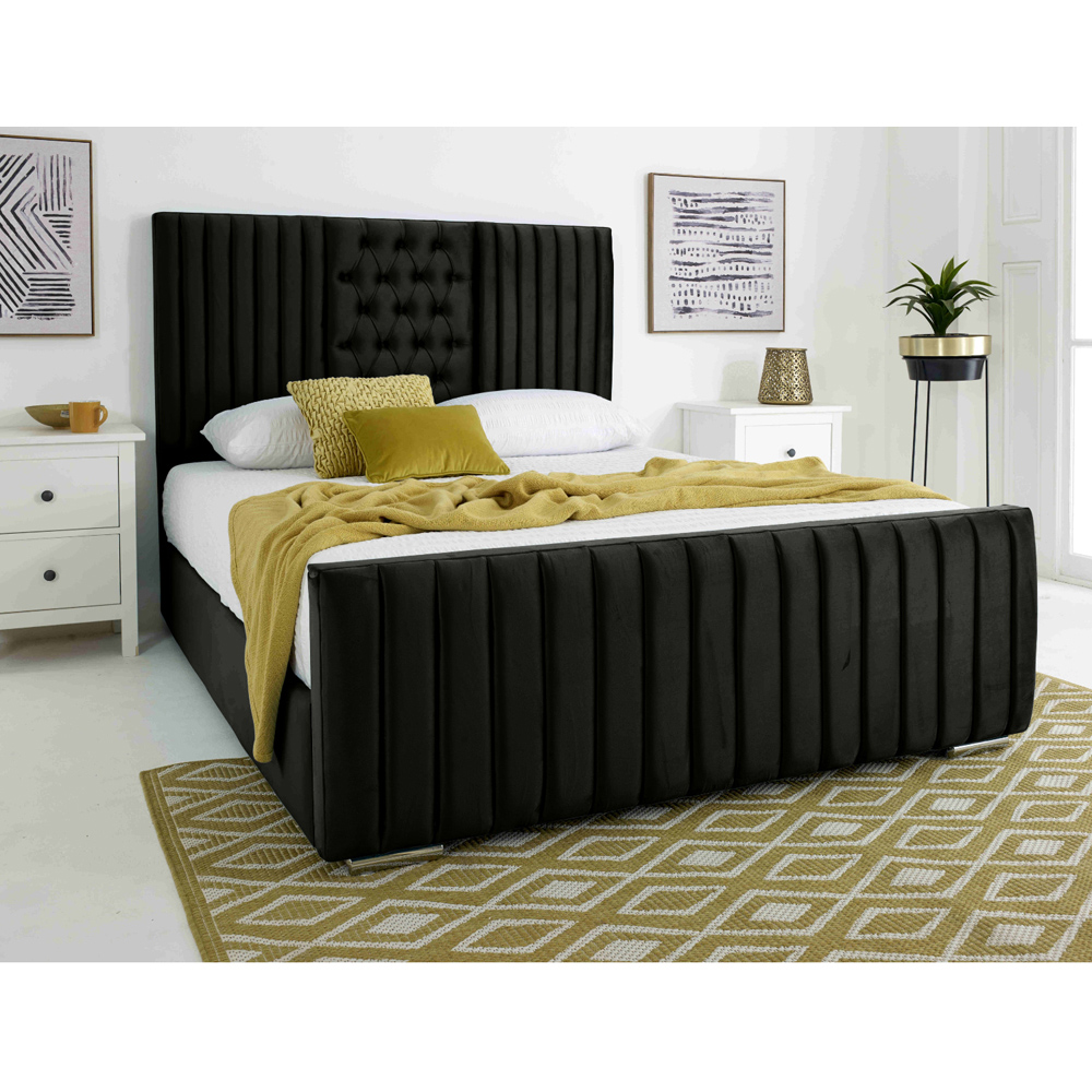 Eleganza Gracie Double Black Plush Velvet Bed Frame with Lined Headboard Image 2