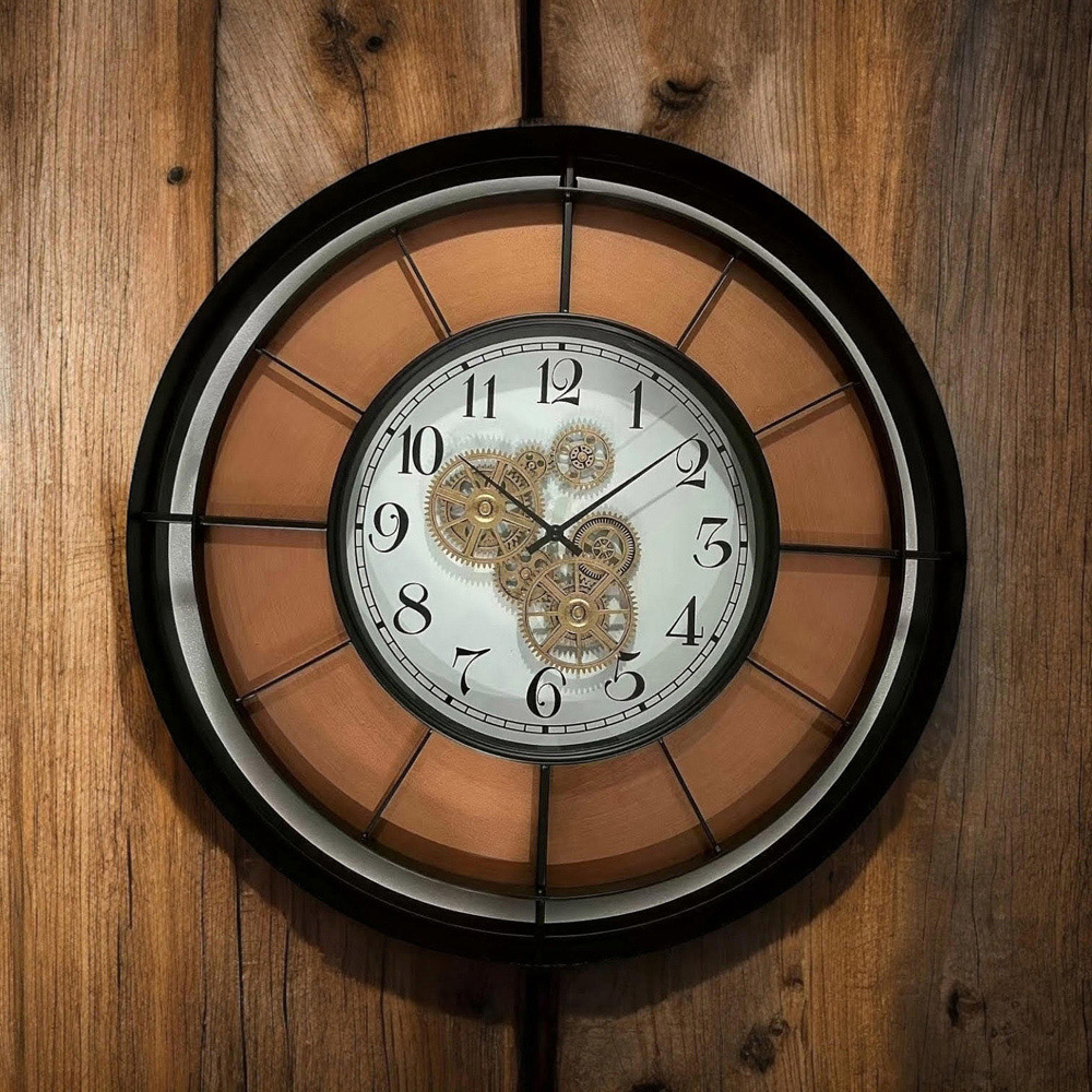 Acacia Home Brown Round Gear Wall Clock 64cm Image 2