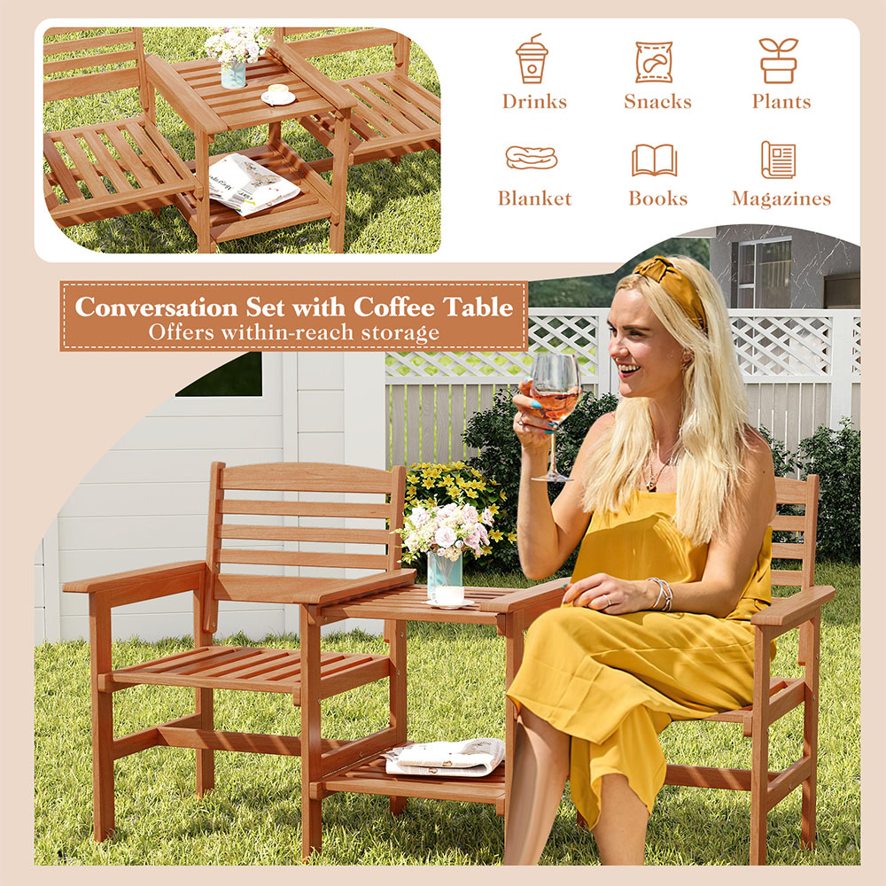 Costway 2 Seater Outdoor Patio Loveseat with Coffee Table and Umbrella Hole Image 8