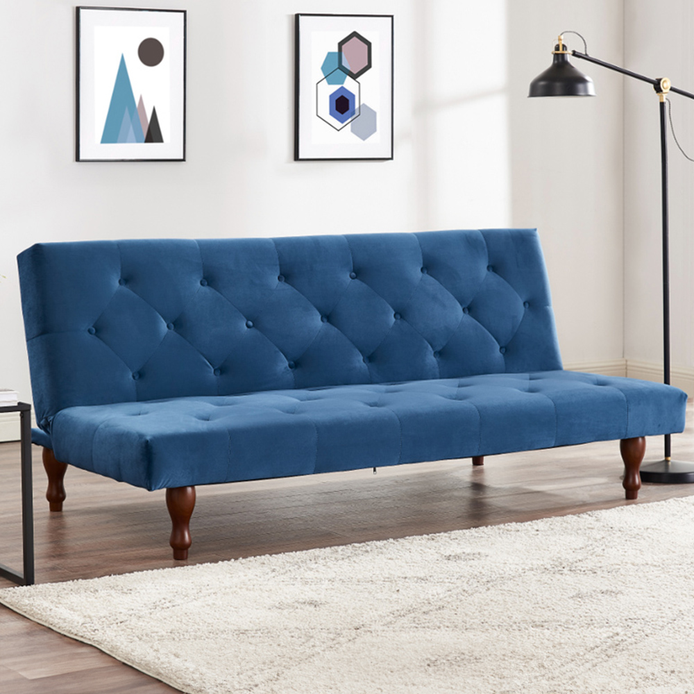 Home Detail Newell Small Double Sleeper Blue Velvet Sofa Bed Image 1