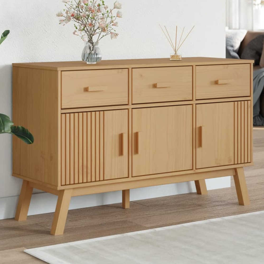 vidaXL Olden 3 Door 3 Drawer Brown Solid Pine Wood Sideboard Image 1