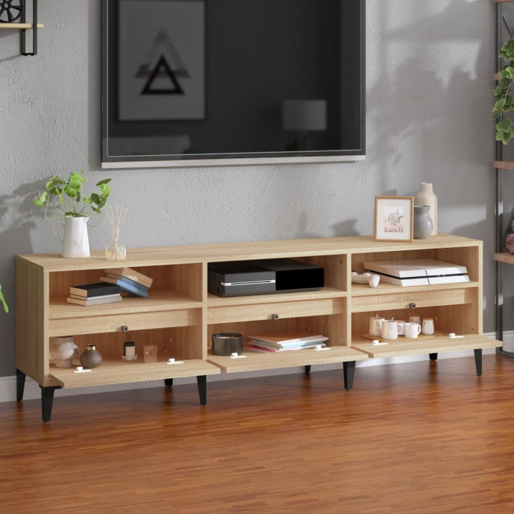 vidaXL 3 Drawer 3 Open Shelf Sonoma Oak TV Cabinet with Black Legs Image 1