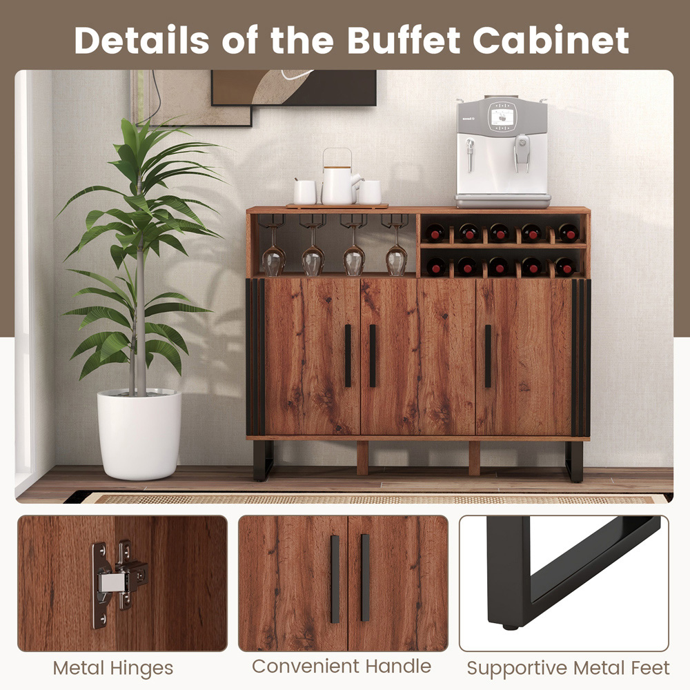 Costway 3 Door 10 Bottle Rustic Brown Home Wine Bar Cabinet with Glass Holder Image 6