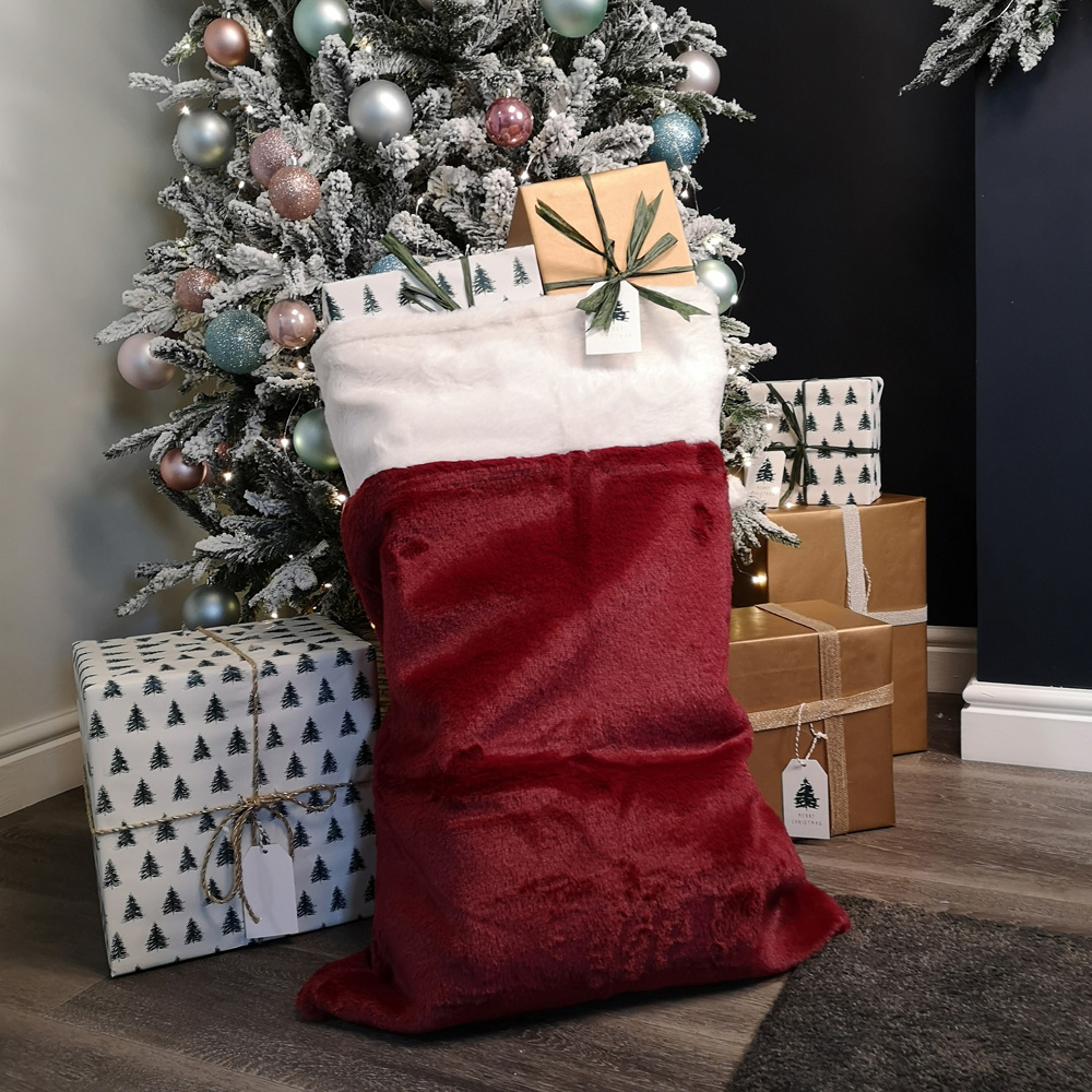 Samuel Alexander Red Christmas Present Sack with White Faux Fur Trim and Pom Poms Image 2