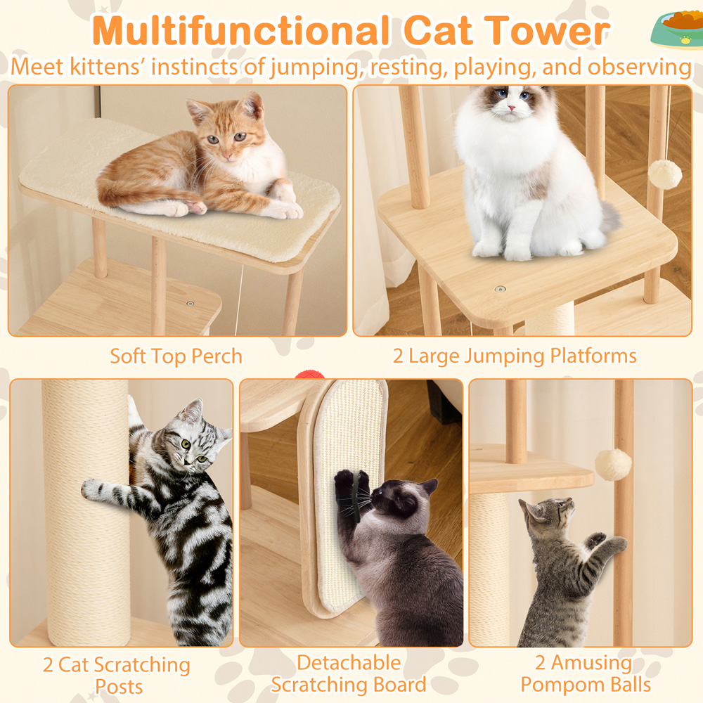 Costway 4 Tier Oak Wood Cat Tree with Beech Post 126cm Image 7