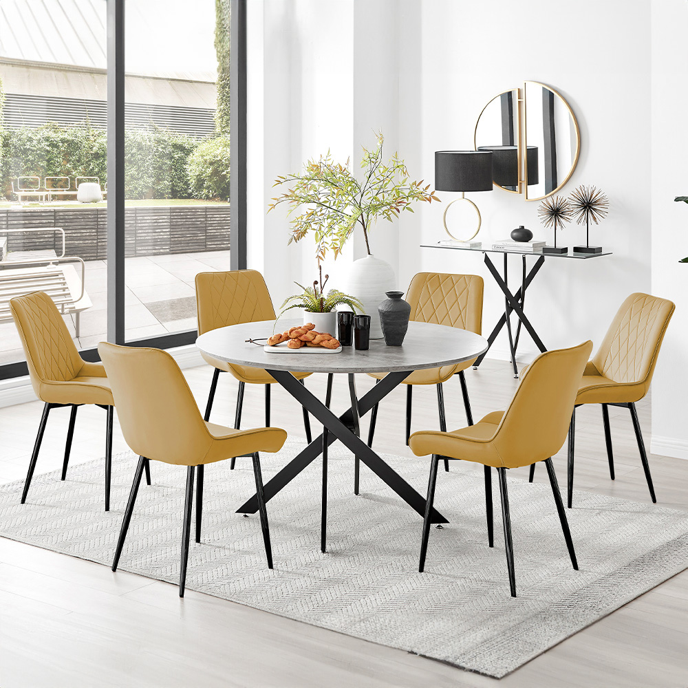 Furniturebox Arona Cesano Concrete Effect 6 Seater Round Dining Set Grey Black and Mustard Image 1