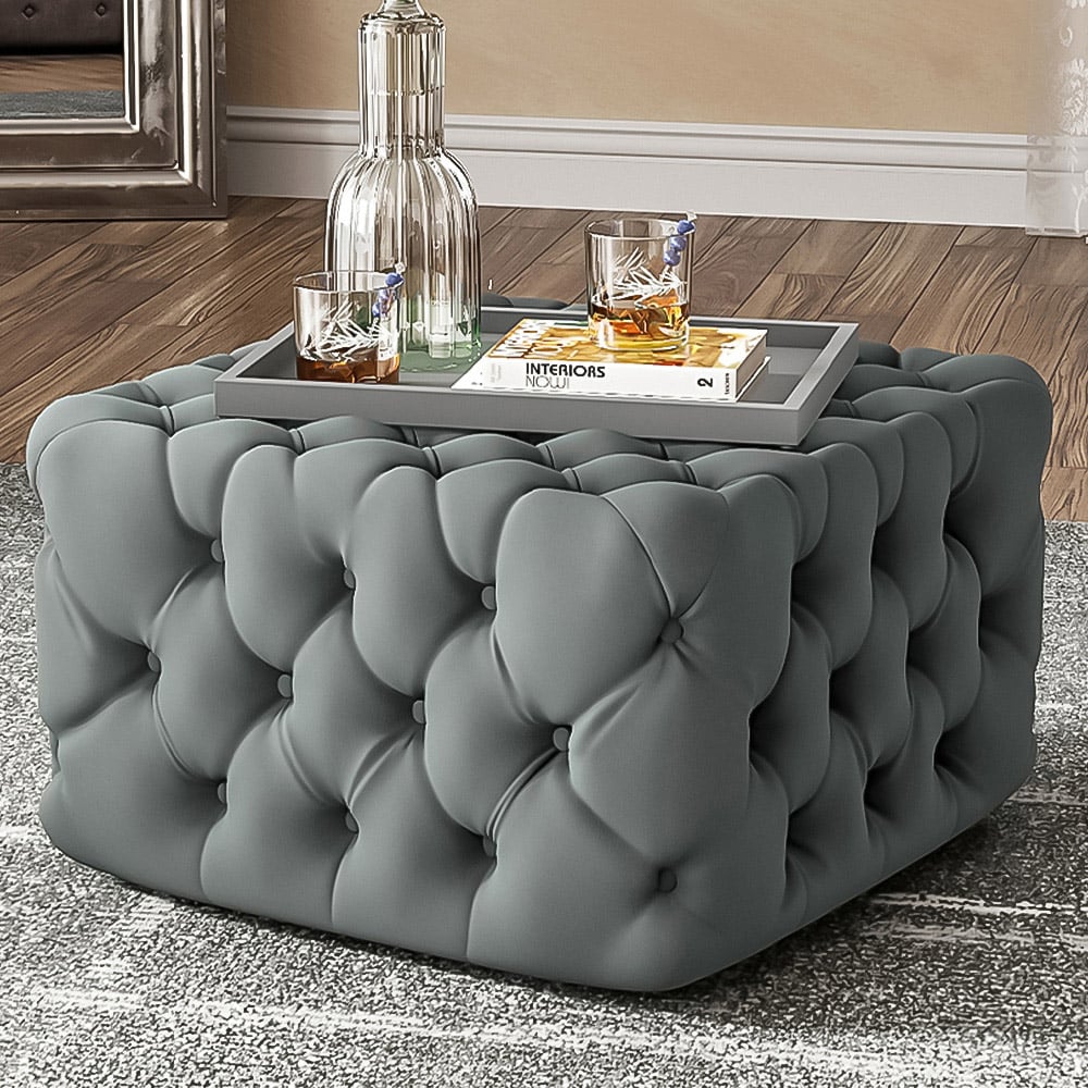 Living and Home Grey Velvet Buttoned Tufted Footstool Image 1