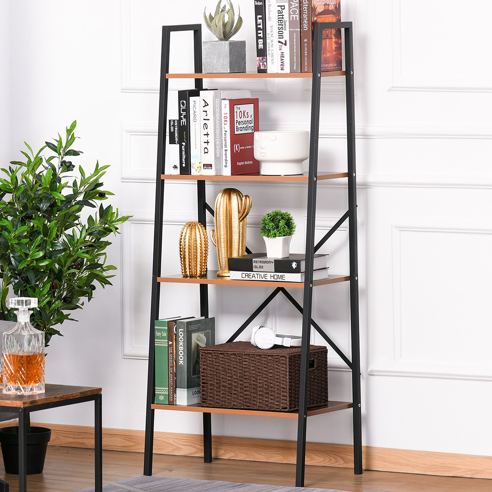 Portland 4 Shelf Vintage Black brown Ladder Bookcase Image 1
