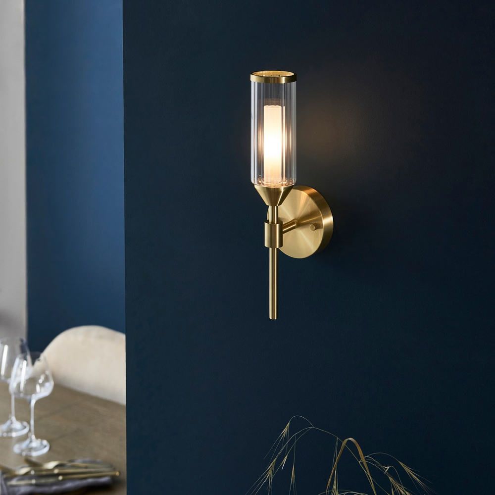 Merano Trieste Clear Frosted Glass Satin Brass Plate Wall Lamp Image 6