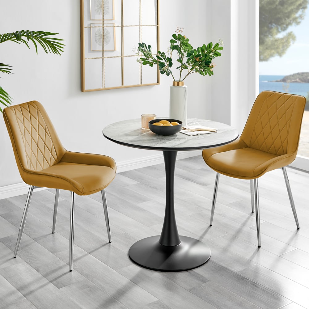 Furniturebox Elissa Cesano Marble Effect 2 Seater Round Dining Set White Mustard and Chrome Image 1