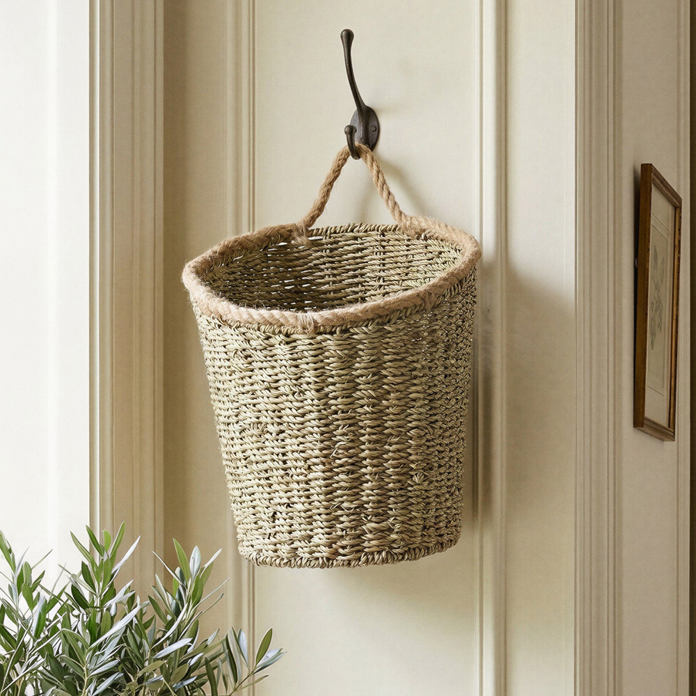 Dibor Natural Seagrass Woven Rope Finish Wall Basket Image 2