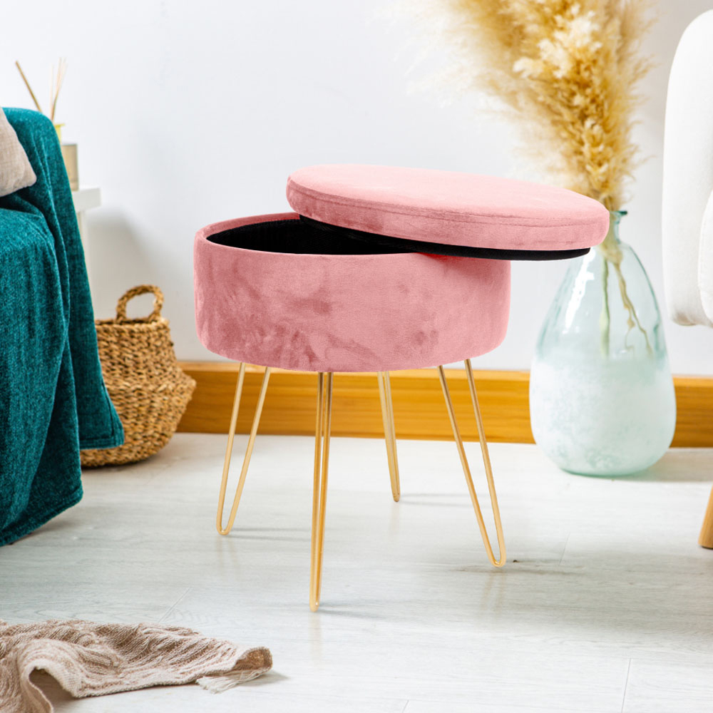 Harbour Housewares Pink and Gold Velvet Round Footstool with Storage Image 5