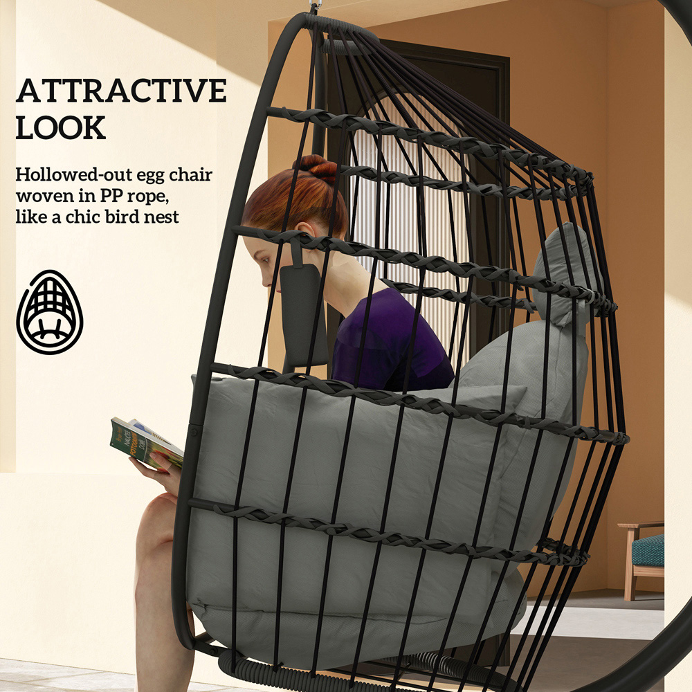 Outsunny Grey Hanging Egg Chair with Folding Basket Image 6