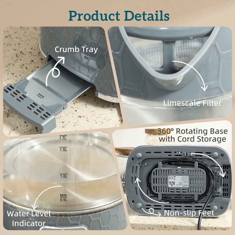 HOMCOM Grey 1.7L Fast Boil Kettle and 2 Slice Toaster Set Image 3
