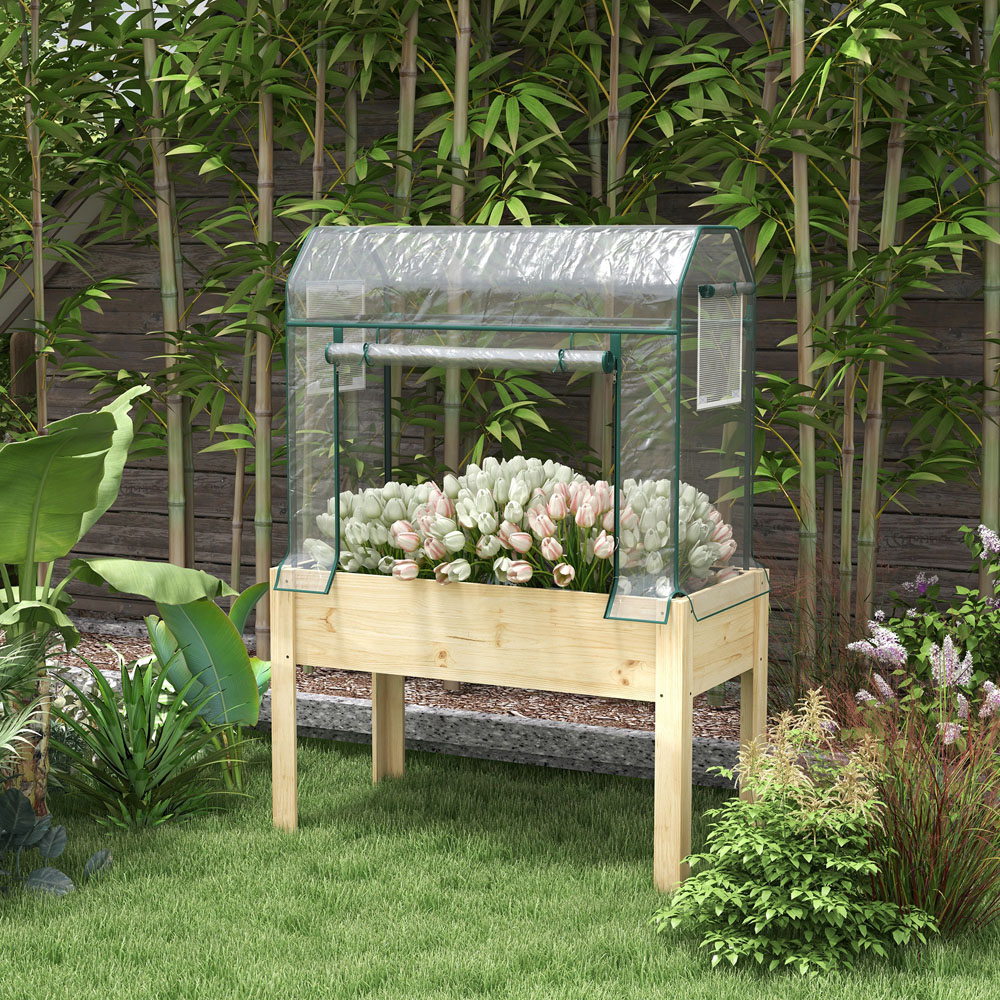 Outsunny Wooden Raised Planter with Greenhouse Cover and Bed Liner 165 x 60 x 115cm Image 2