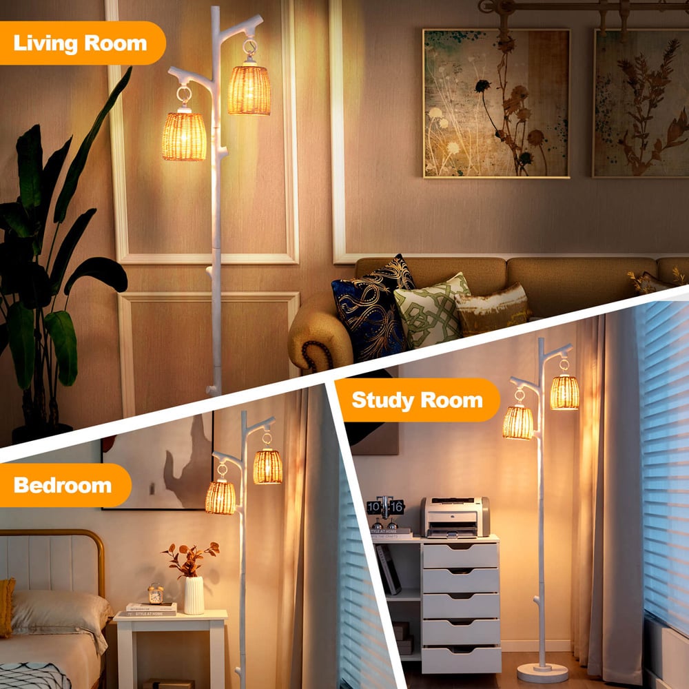 Costway 2 Way White Rattan Dimmable Farmhouse Floor Lamp Image 5