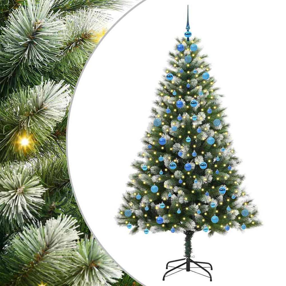 vidaXL Pre-Lit Blue Baubles Green Artificial Snow Tipped Hinged Christmas Tree 7ft Image 2