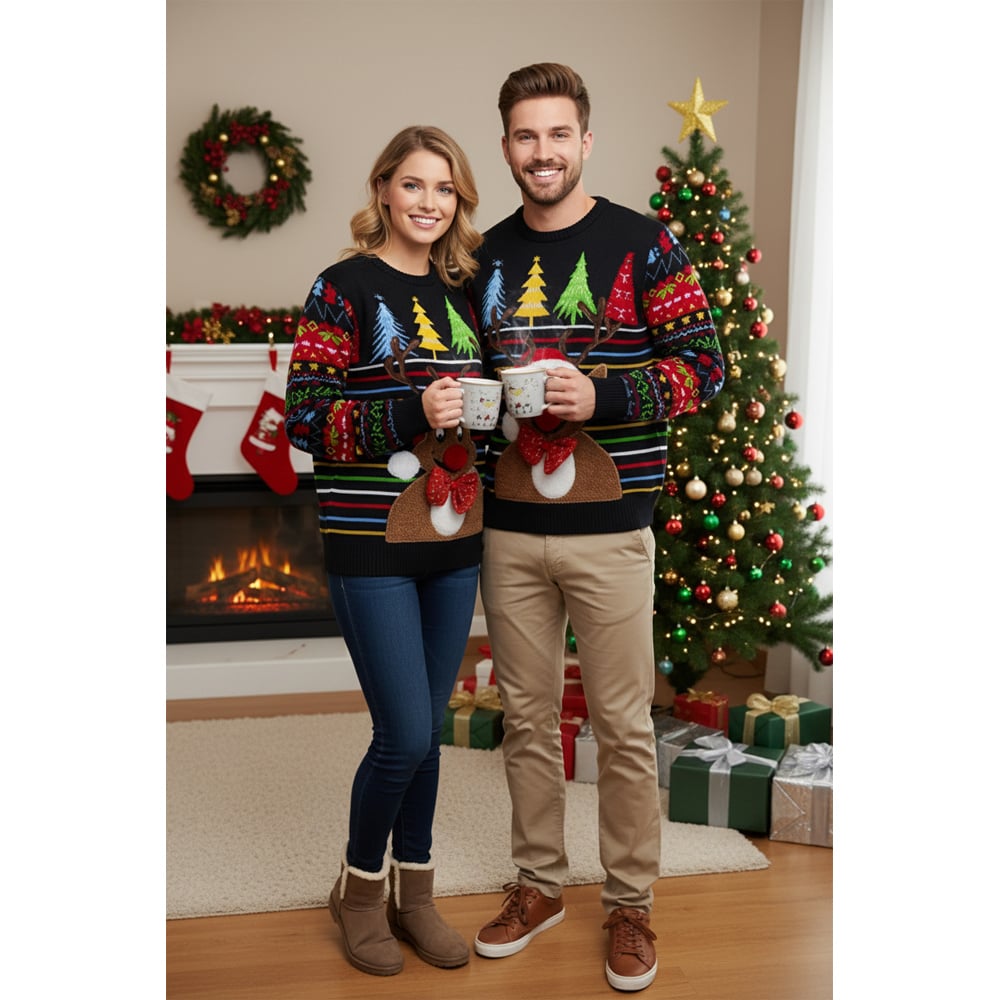 Noel Square Unisex Reindeer Stripes Crew Neck Light Up Christmas Jumper Medium Multicolour Image 3