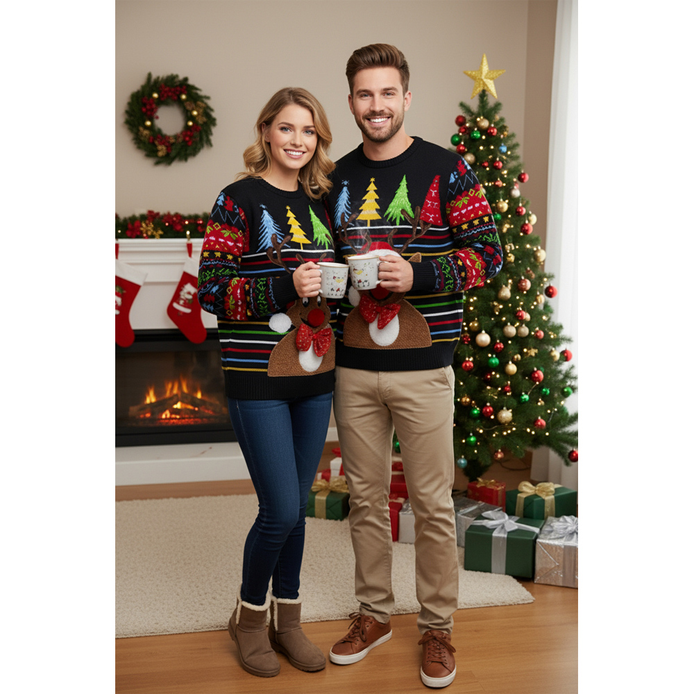 Noel Square Unisex Reindeer Stripes Crew Neck Light Up Christmas Jumper 2XL Multicolour Image 3