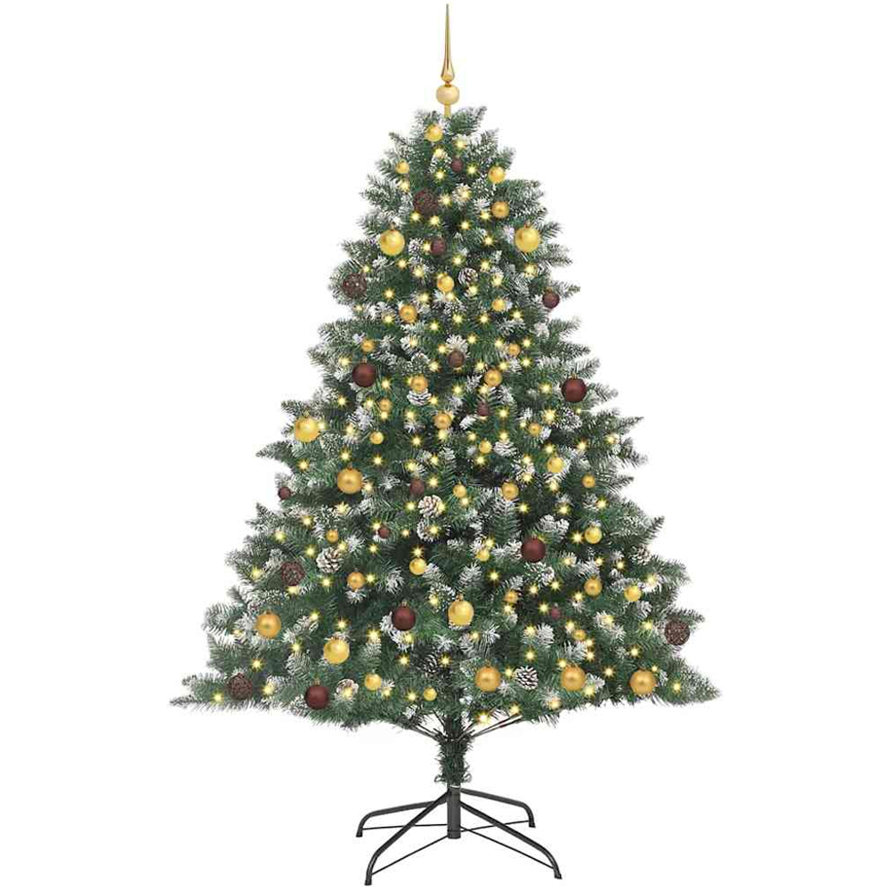 vidaXL Pre-Lit Gold and Bronze Baubles Green Artificial Snow Tipped Christmas Tree 7ft Image 1