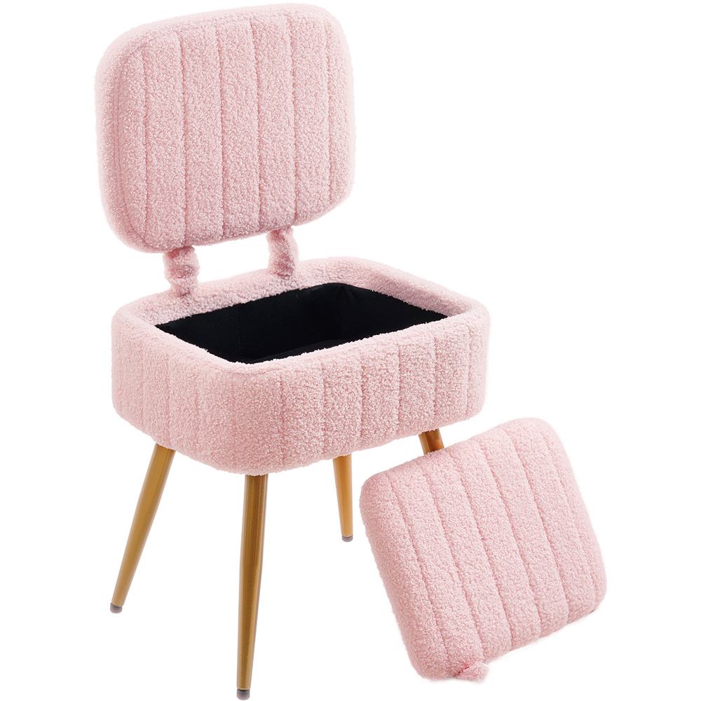 Living and Home Pink Teddy Fleece Foldable Backrest Vanity Chair with Hidden Storage Image 2