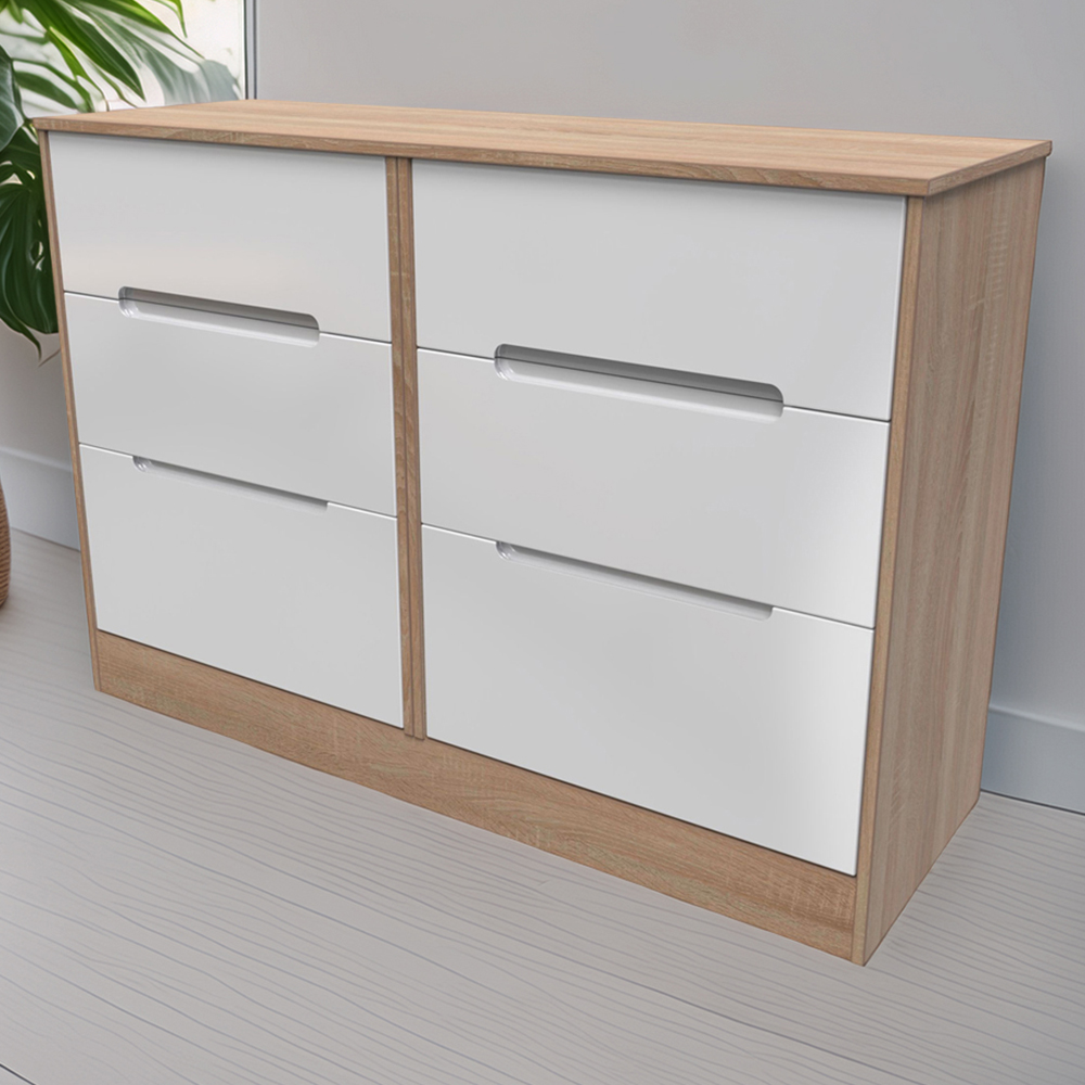Crowndale Monaco 6 Drawer White Gloss and Bardolino Oak Wide Chest of Drawers Ready Assembled Image 1