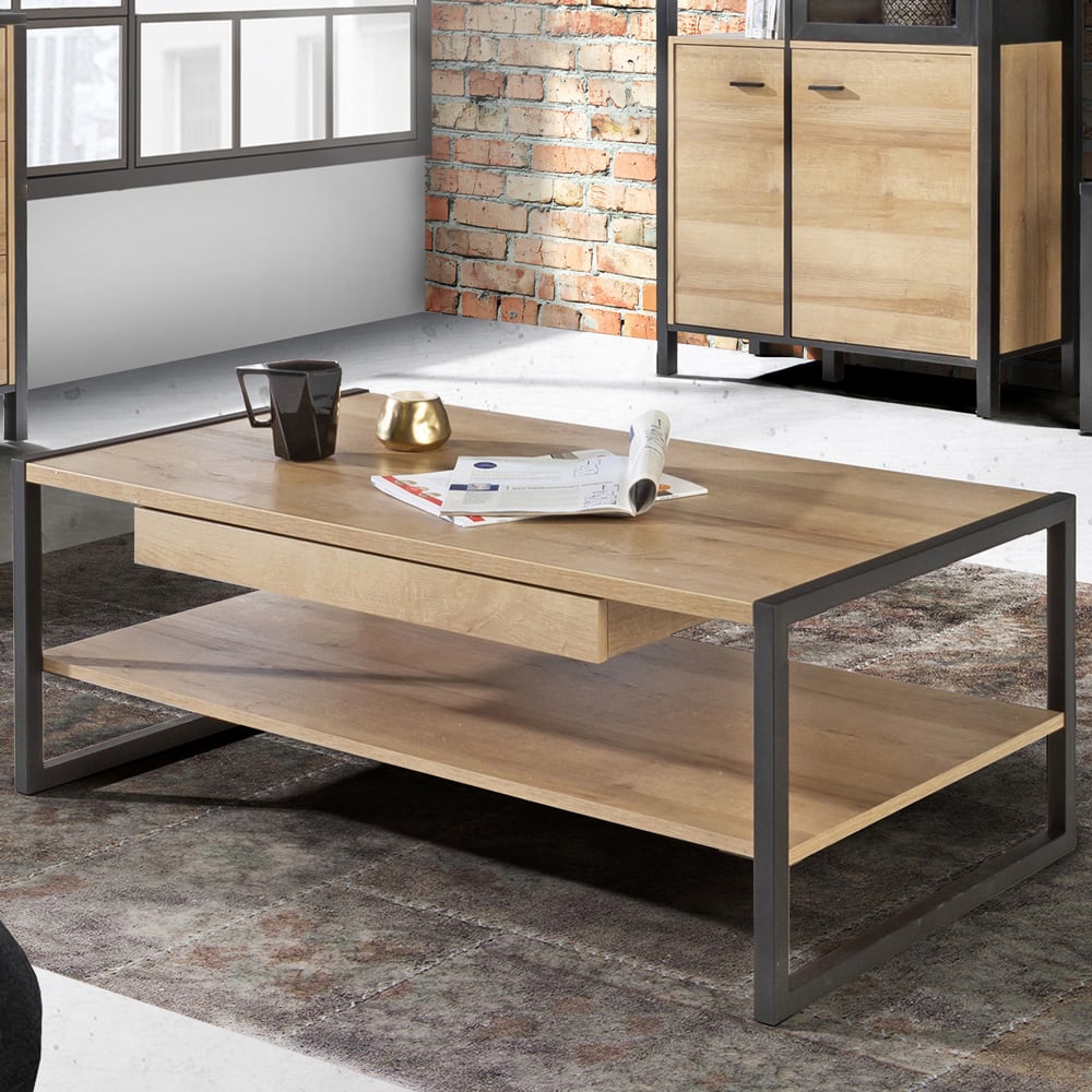 Florence High Rock Single Drawer Matt Black and Riviera Oak Coffee Table Image 1
