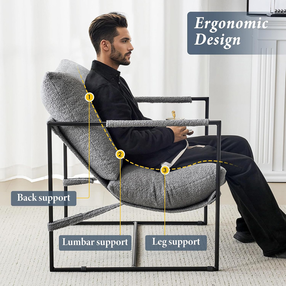 Luca Grey Boucle Upholstered Lounge Accent Chair with Metal Frame Image 5