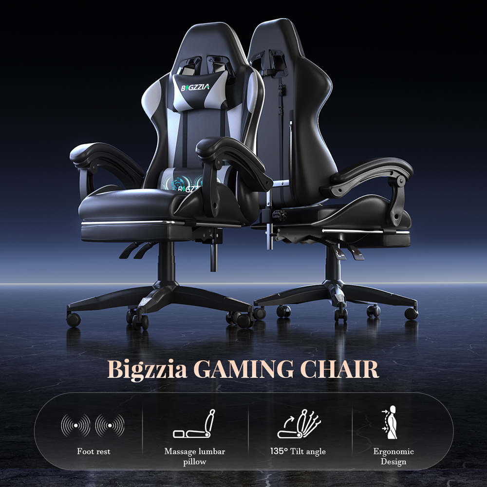 Rattrix White Reclining Gaming Chair with Massage Lumbar Cushion and Footrest Image 3