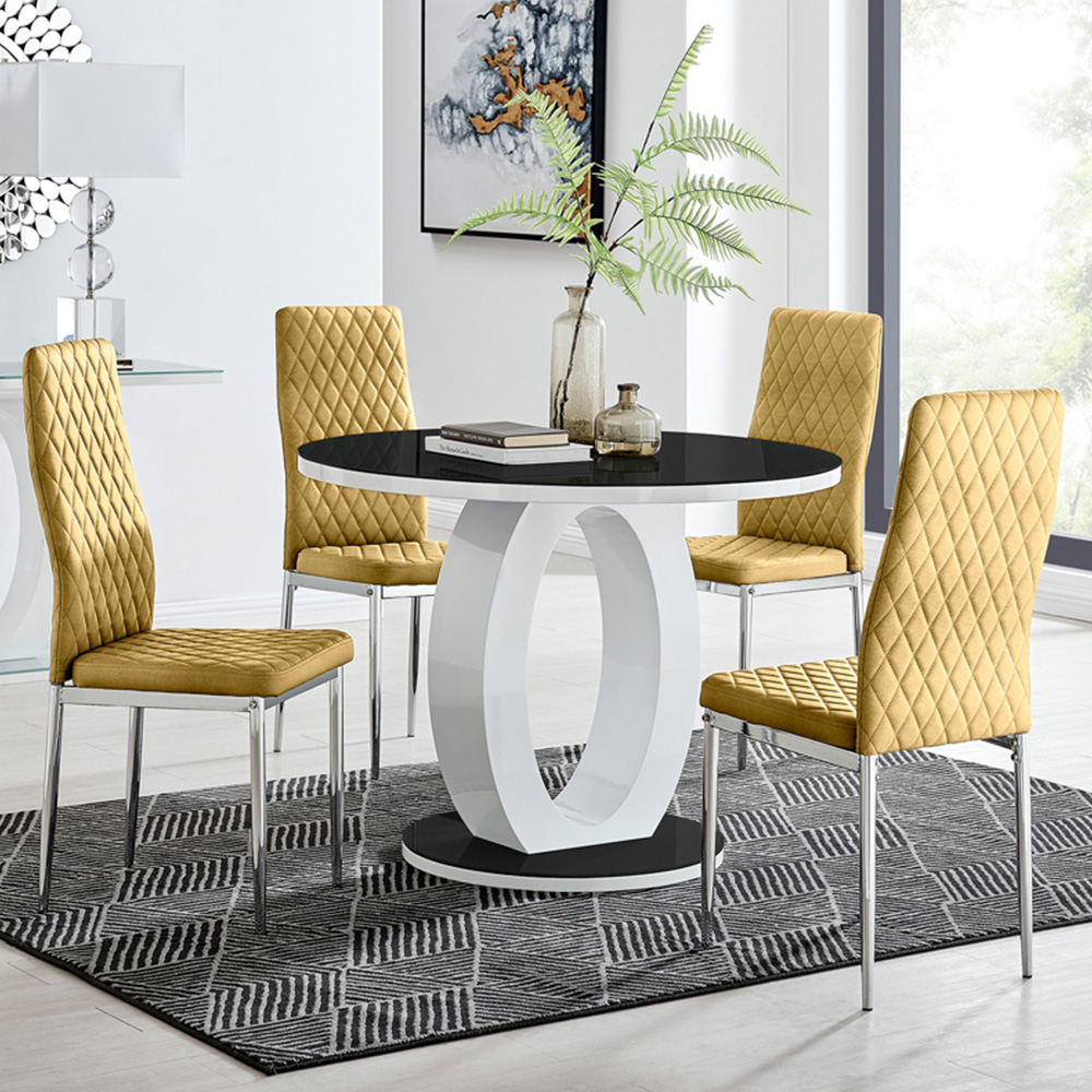 Furniturebox Lucia Valera 4 Seater Round Dining Set Black Gloss Mustard Yellow and Chrome Image 1