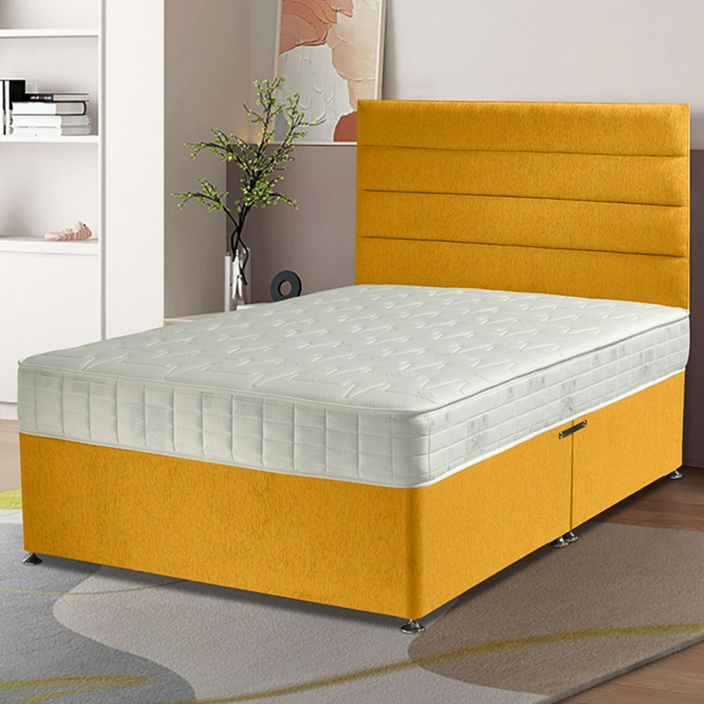 Eleganza Home Dozer King Size Mustard Plush Velvet Divan Bed with Lined Headboard Image 1