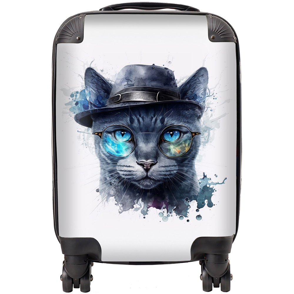Warren Reed Designer Small Russian Blue Cat With Glasses Splashart Suitcase Image 1