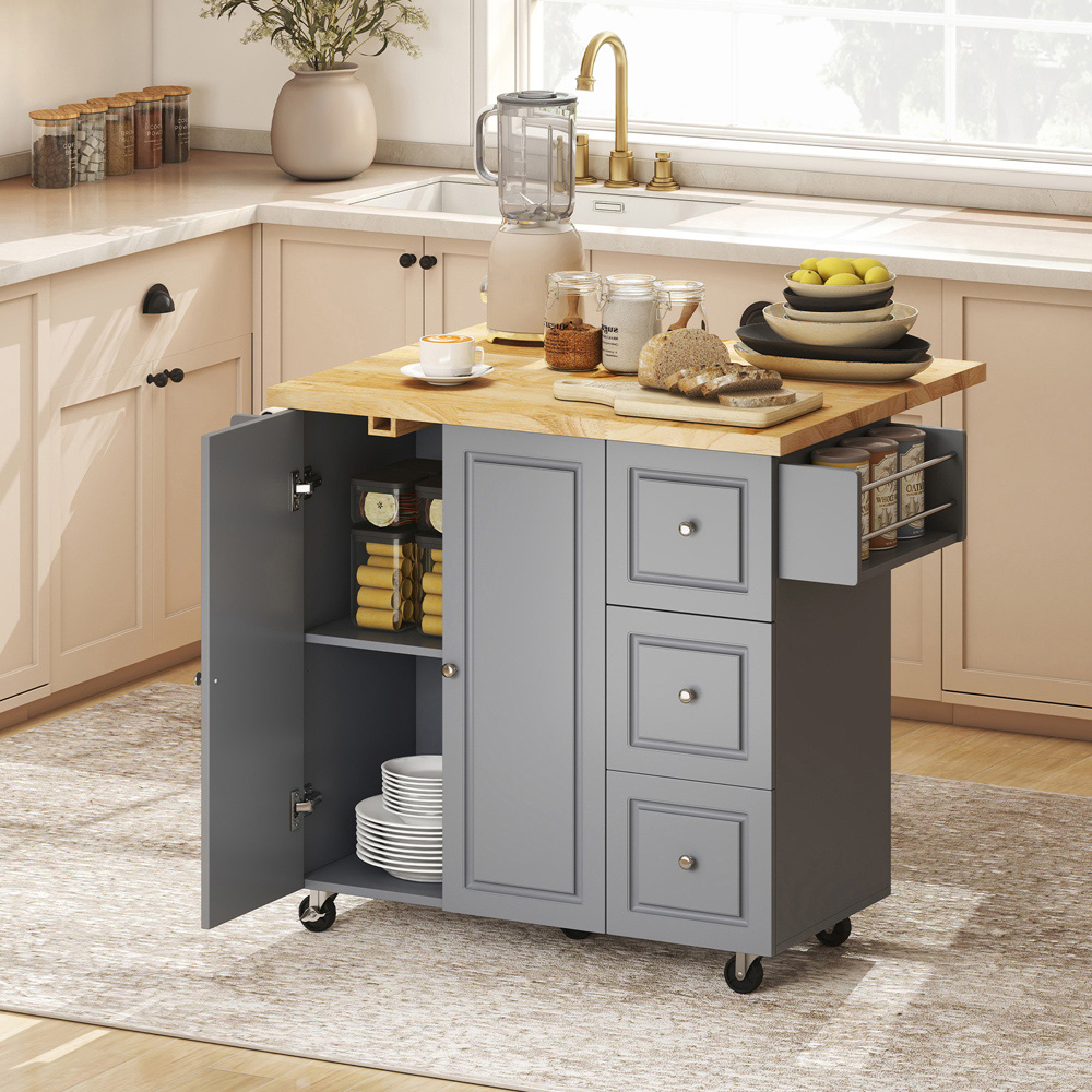 Portland 2 Door 3 Drawer Grey Drop Leaf Kitchen Island Storage Trolley Image 2