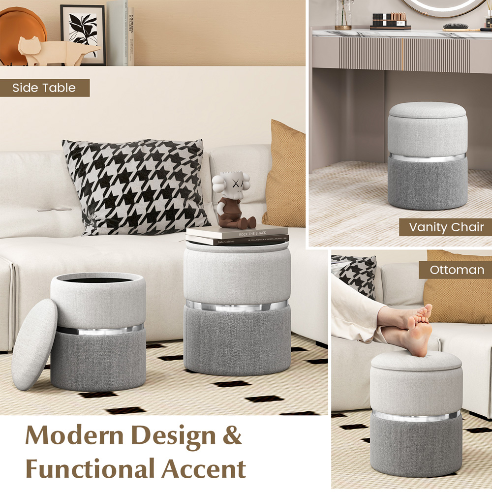 Costway Grey Round Linen Storage Ottoman Set of 2 Image 4
