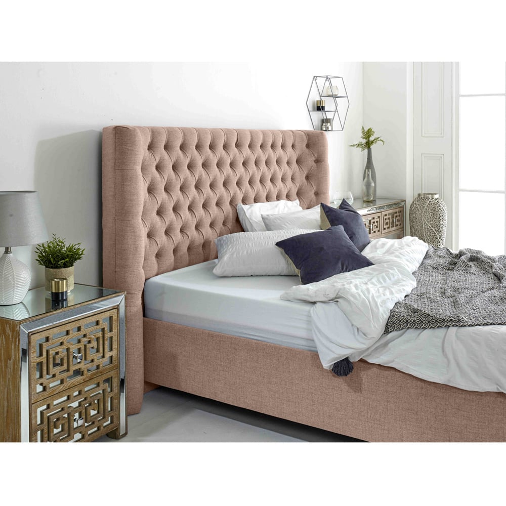 Eleganza Dinah Super King Size Oatmeal Grampian Fabric Bed Frame with Winged Headboard Image 2