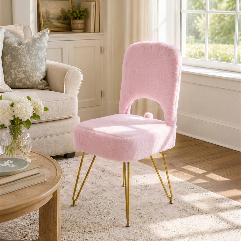 Living and Home Pink Faux Rabbit Fur Foldable Backrest Vanity Chair with Hidden Storage Image 7