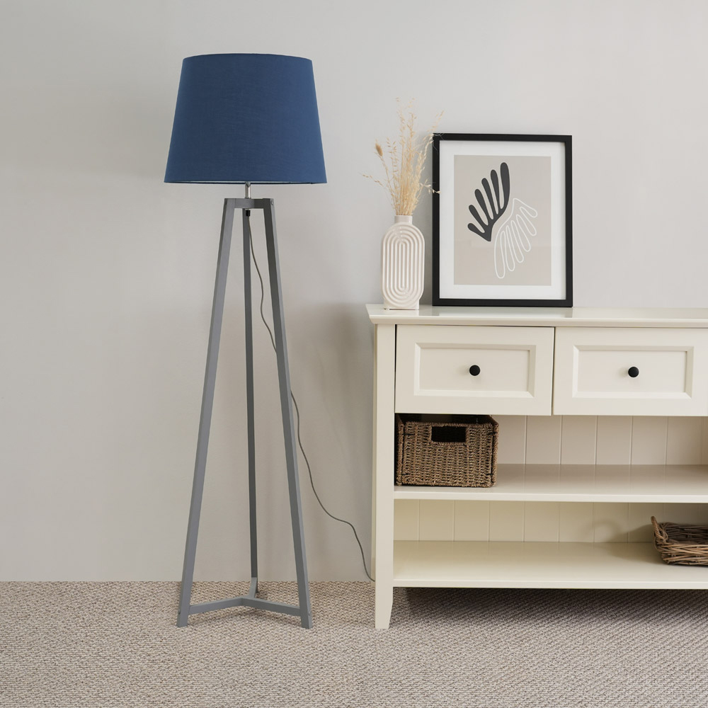 ValueLights Lottie Navy Blue Fabric Tapered Shade Grey Wood Tripod LED Floor Lamp Image 3