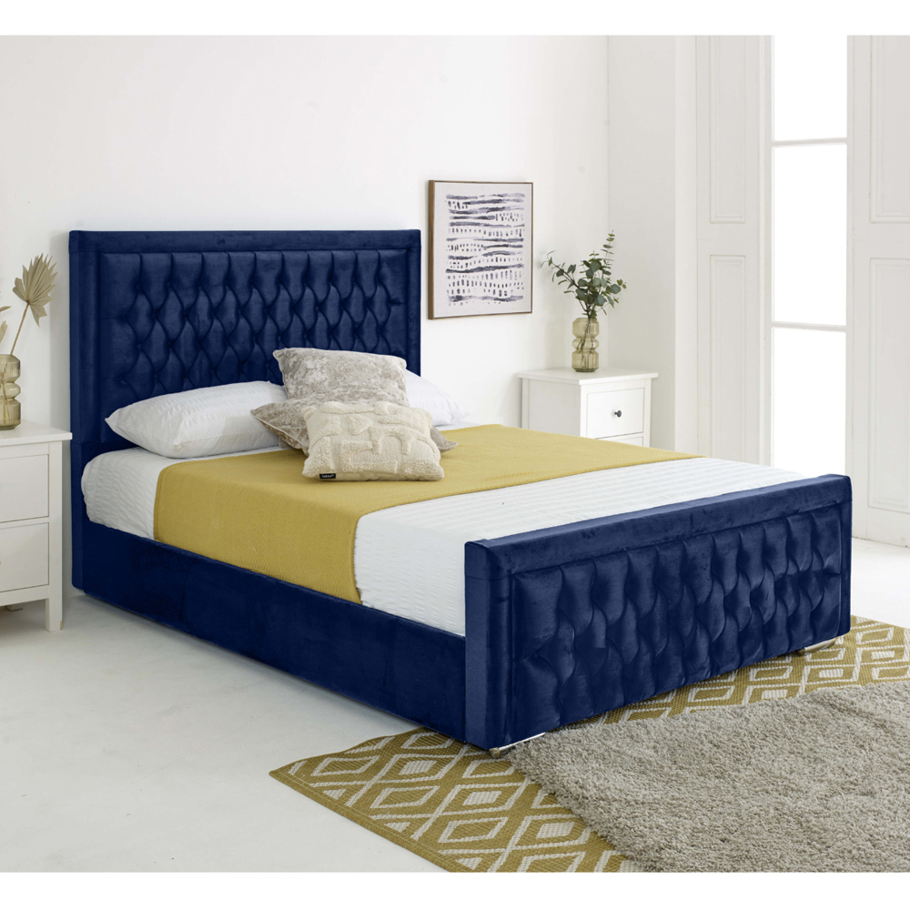 Eleganza Paloma King Size Blue Plush Velvet Bed Frame with Headboard and Footboard Image 5