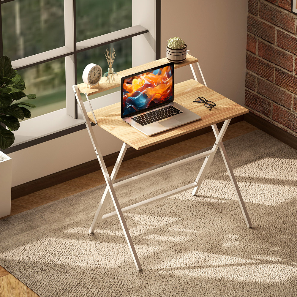 HOMCOM 2 Shelf Foldable Computer Desk Natural Image 8