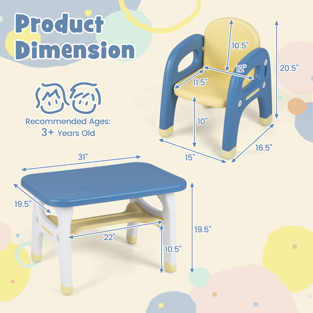 Costway 2 Seater Blue Kids Table and Chair Set with Shelf and Building Blocks Image 9