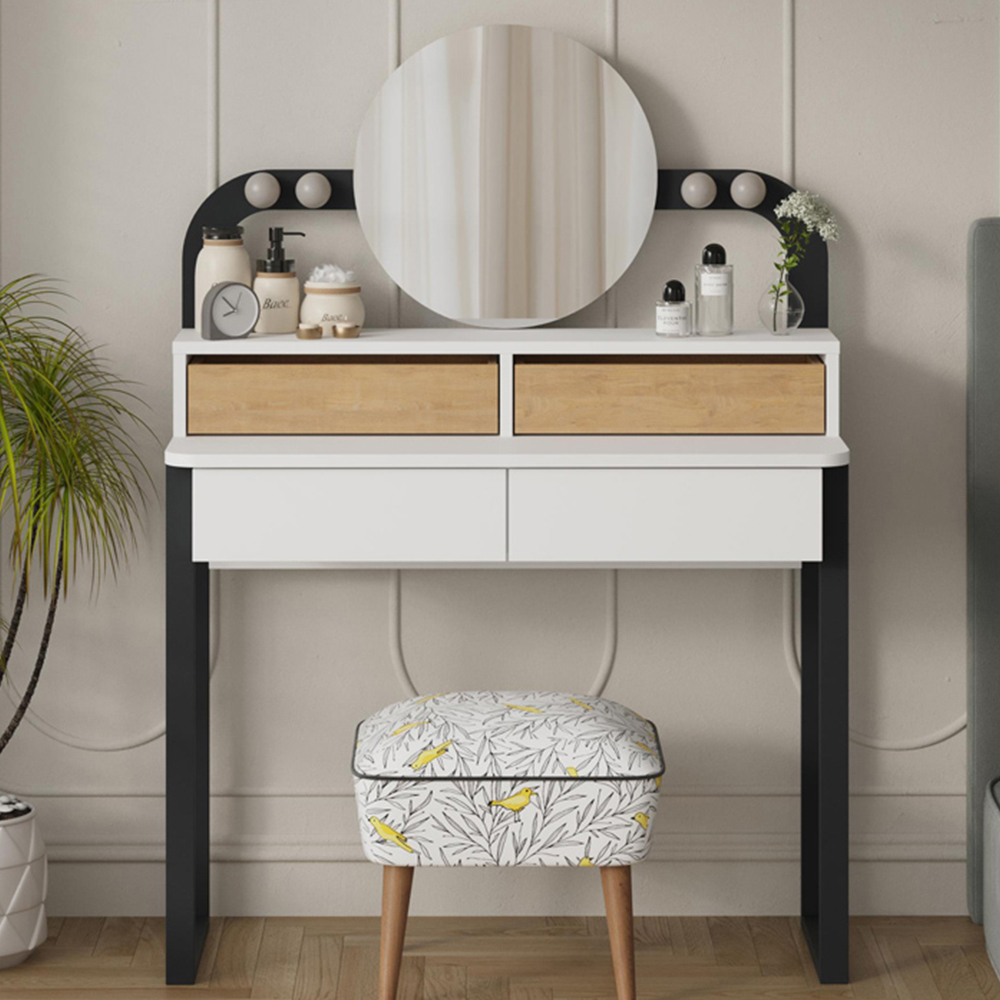 Decortie Lora 4 Drawer White Sapphire Oak Dressing Table with LED Mirror Image 1