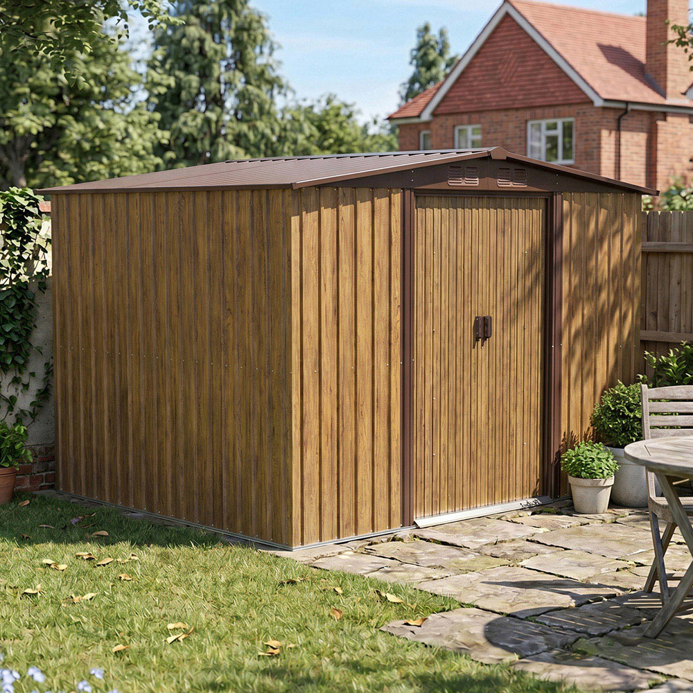 Living and Home 6 x 8ft Wood Grain Finish Metal Apex Garden Shed Image 3