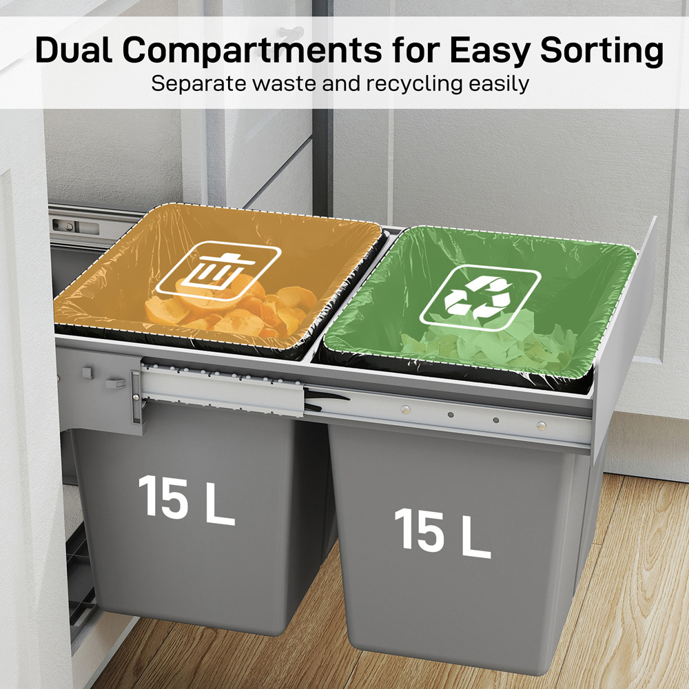 HOMCOM Light Grey Soft-Close Pull Out Double Under Sink Bin 30L Image 5