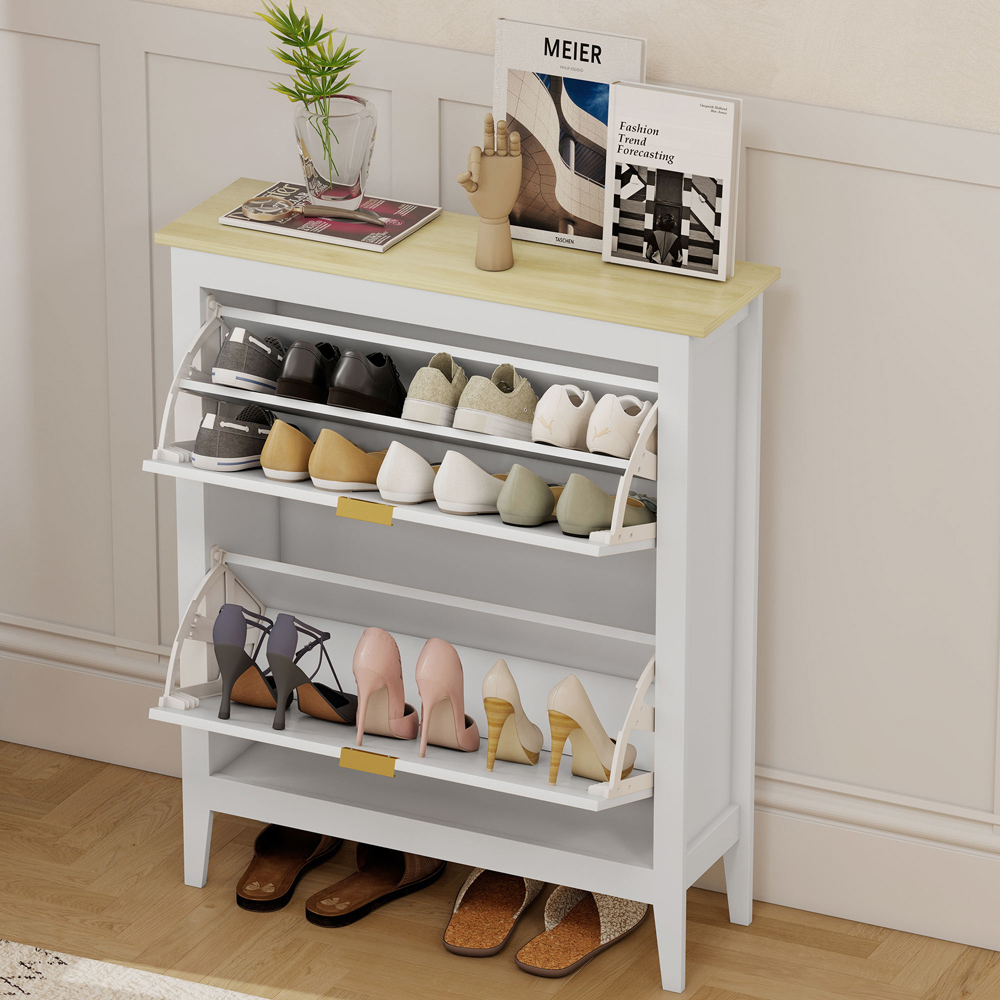 HOMCOM Boho 14 Pair White Rattan Slim Shoe Cabinet Image 3