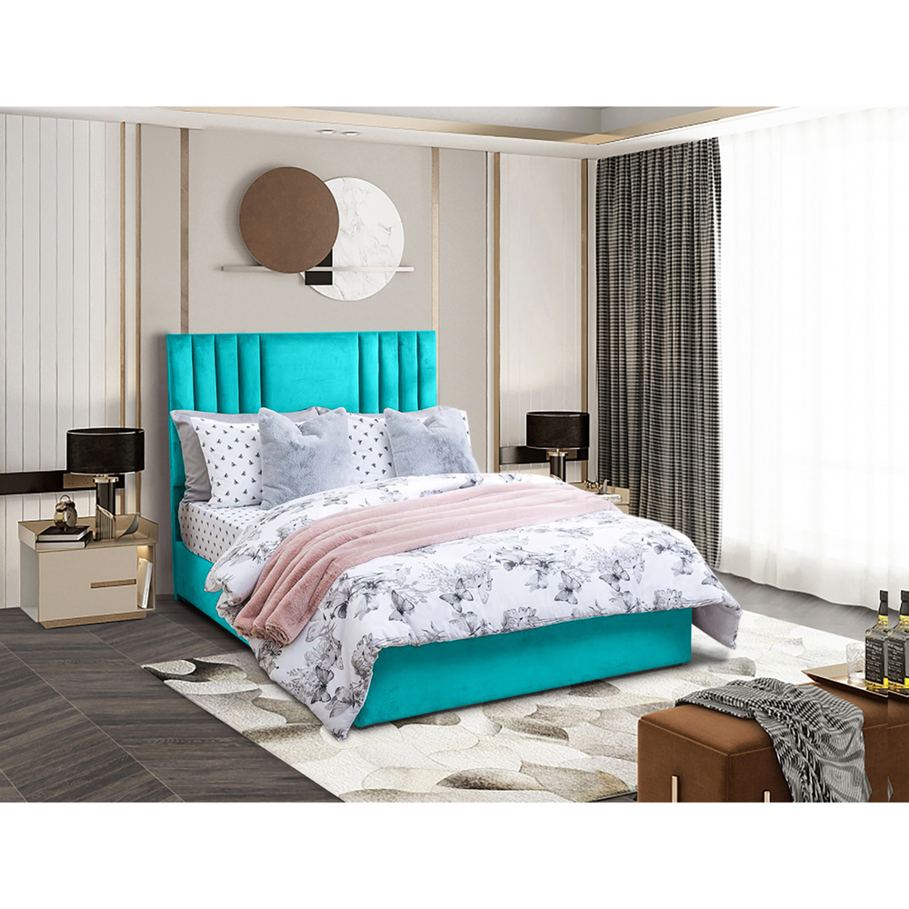 Eleganza Home Dreamer Small Double Teal Plush Divan Bed with Lined Headboard Image 2