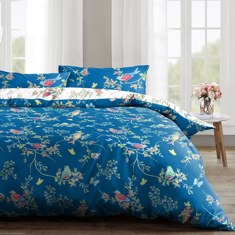 Velosso EasyCare Super King Size Blue Birds Floral Reversible Duvet Set Image 1