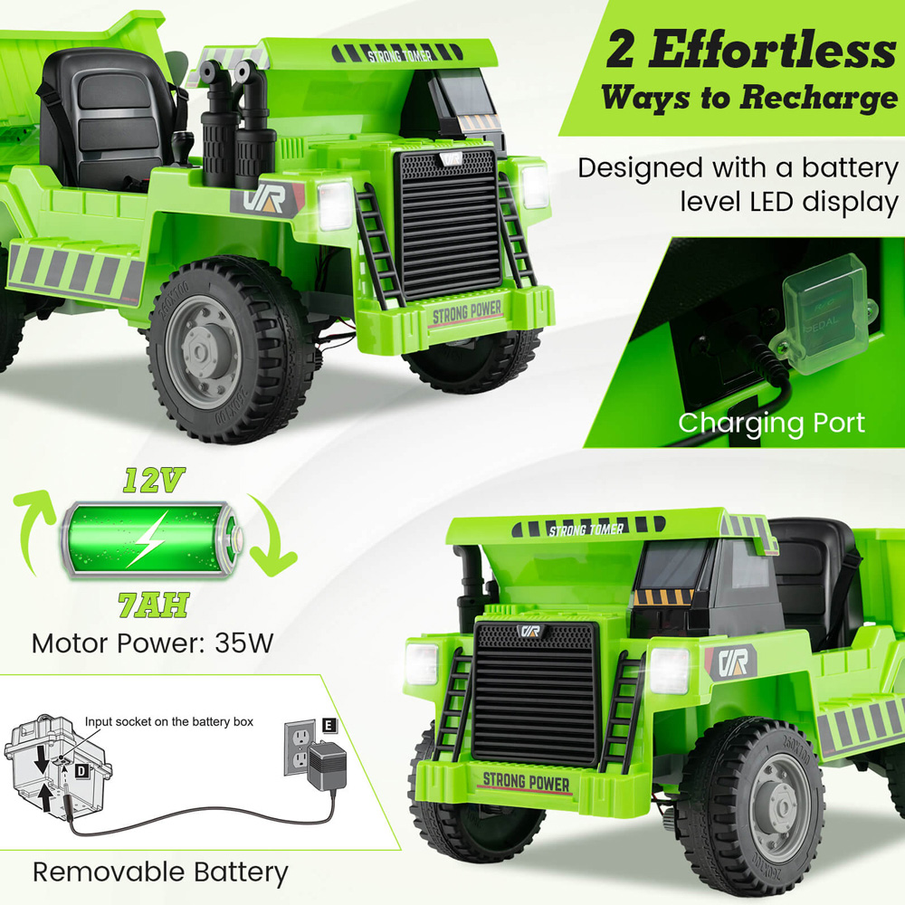 Costway Kids Green Ride On Dump Truck with Electric Dump Bed 12V Image 7