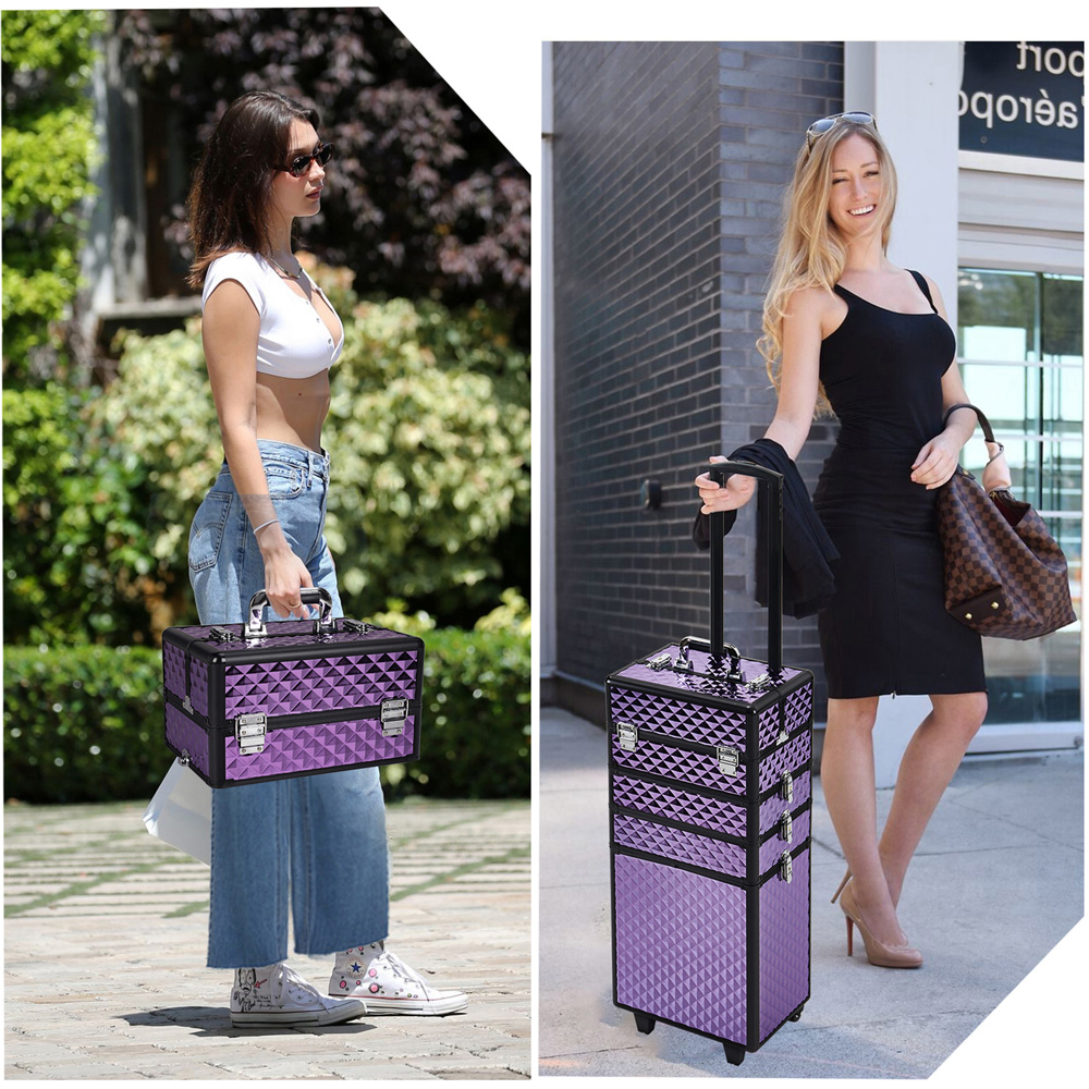 Living and Home Purple Diamond Pattern Makeup Train Trolley Case Image 7